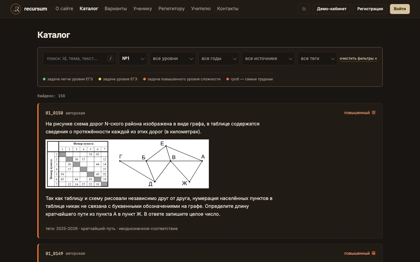 Каталог Recursum: фильтры и задача с графом и таблицей дорог