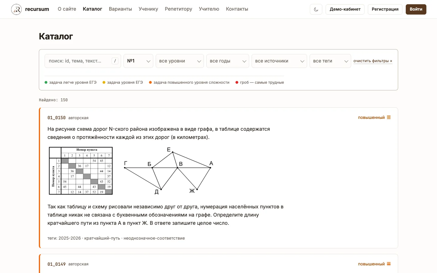 Каталог Recursum: фильтры и задача с графом и таблицей дорог